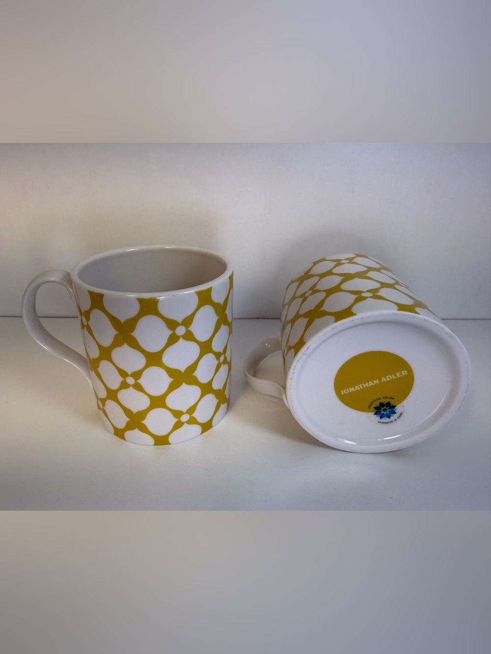 Jonathan Adler White and Yellow Trellis Ceramic Mug Pair